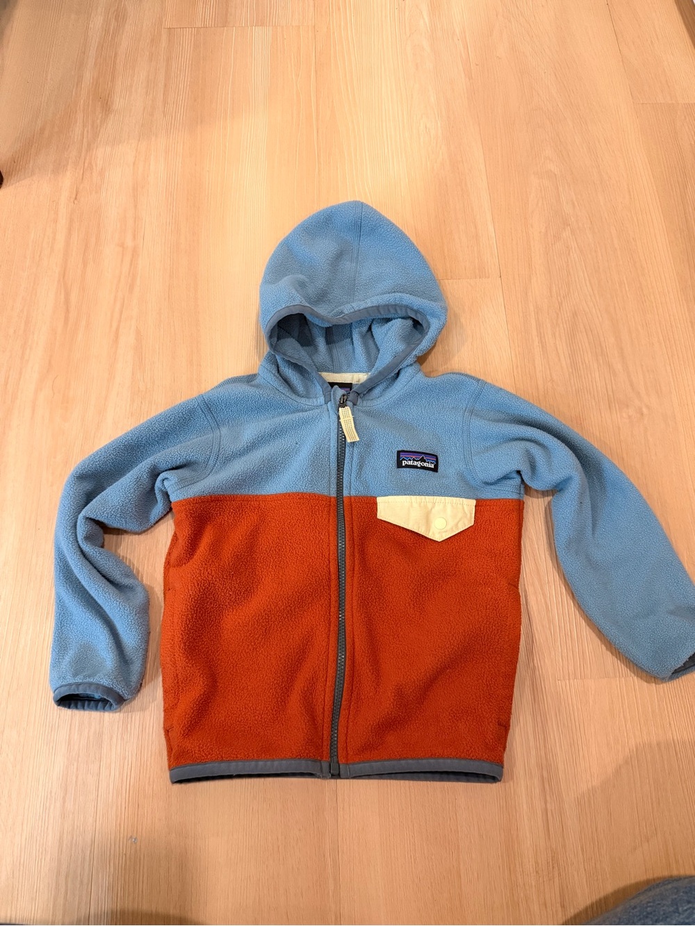 Patagonia Kids Colorblock Fleece Hoodie - Sky Blue, Rust & Cream Pocket